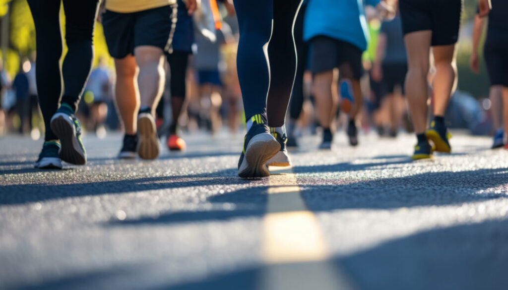 A group of people, athletes and members of the public, who voluntarily participated in the charity march. Group of people walking in sports, walking and jogging clothes.
