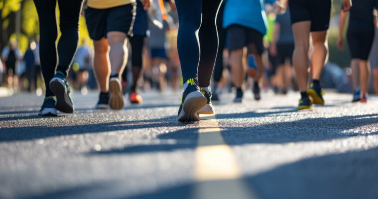 A group of people, athletes and members of the public, who voluntarily participated in the charity march. Group of people walking in sports, walking and jogging clothes.
