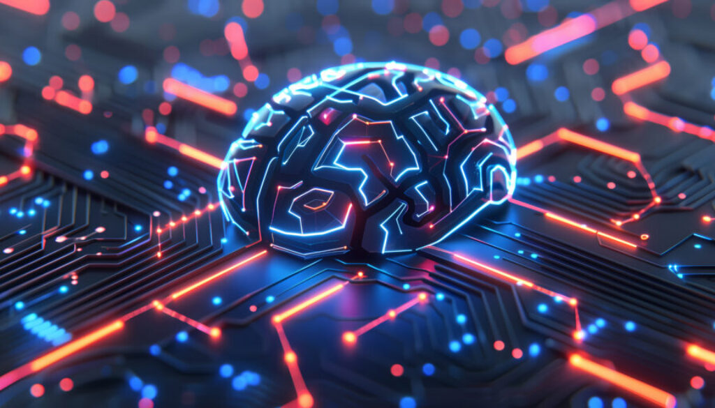 Neural circuit and electronic cyber brain in a quantum computing system, concept of artificial intelligence technology, biotechnology innovation, robot progress and machine learning