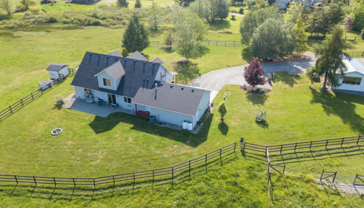 Drone view of single family house