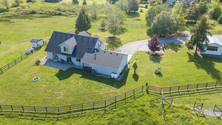 Drone view of single family house